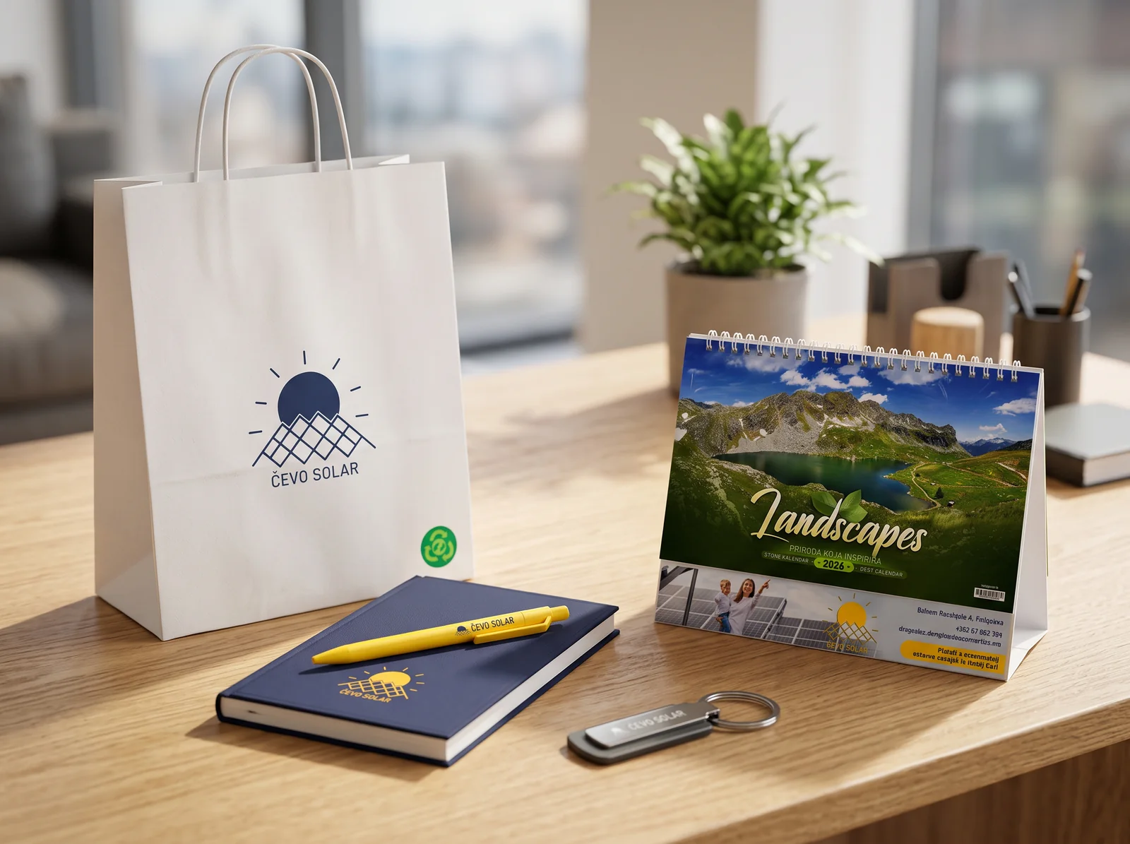 Čevo Solar — poklon set sa štampom — papirna kesa, notes, olovka, kalendar i privjezak